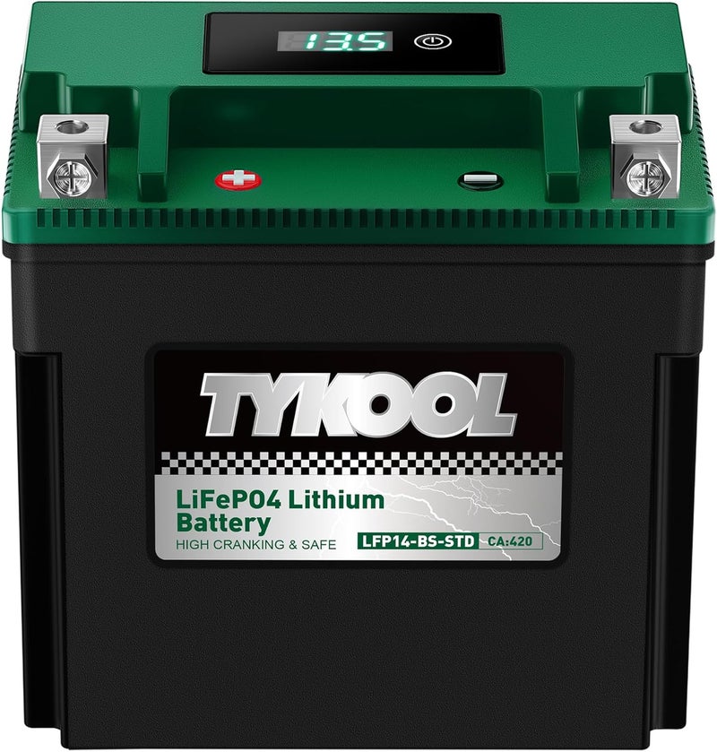 TYKOOL YTX14-BS-STD 400 CCA,Lithium LiFePO4 12v Motorcycle Battery,ATV Battery,2X Cranking Amps,Digital Readout for SOC,Comptitable for ATV, Honda UTV,Yamaha Snowmobile - Image 1